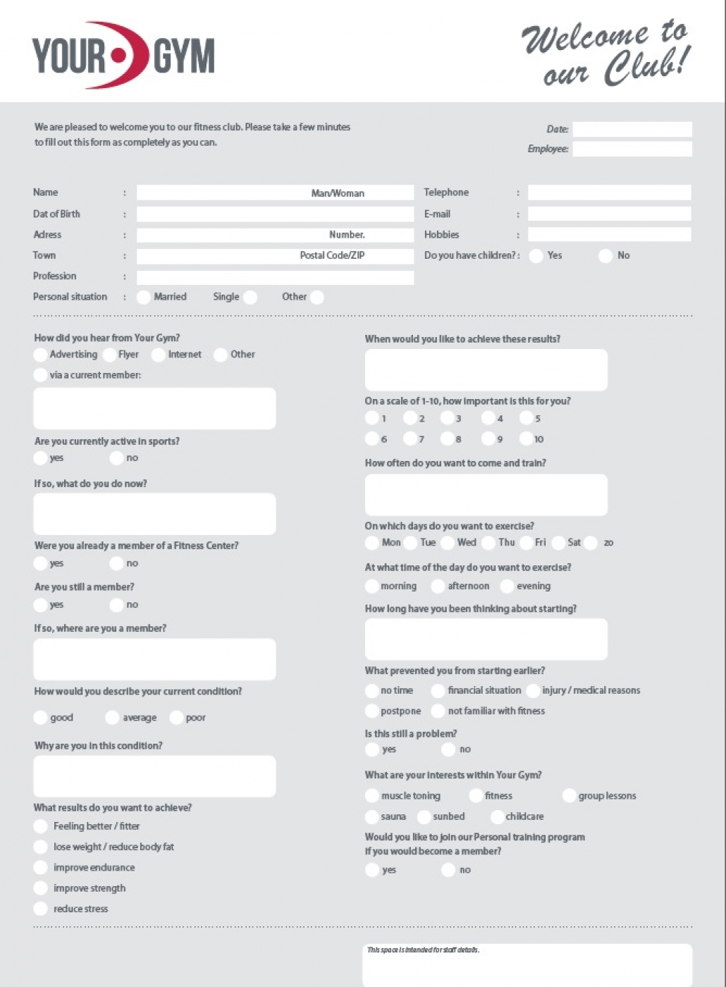 A detailed welcome form for new fitness club members - InDesign